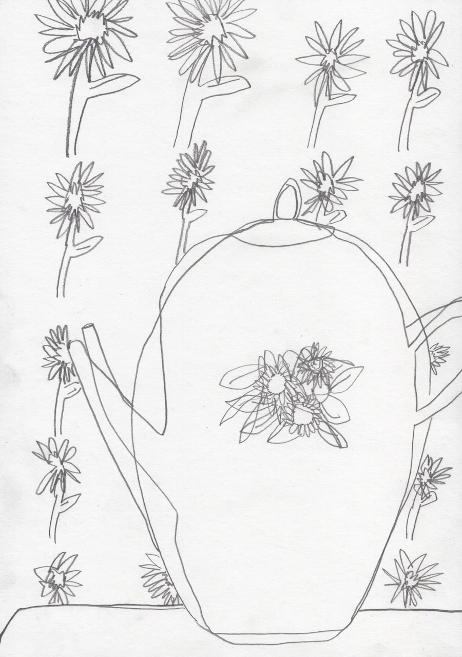 Drawings: Pencil drawing of a oral teapot and photo of the artist holding big ink drawing of a
                    cart.
